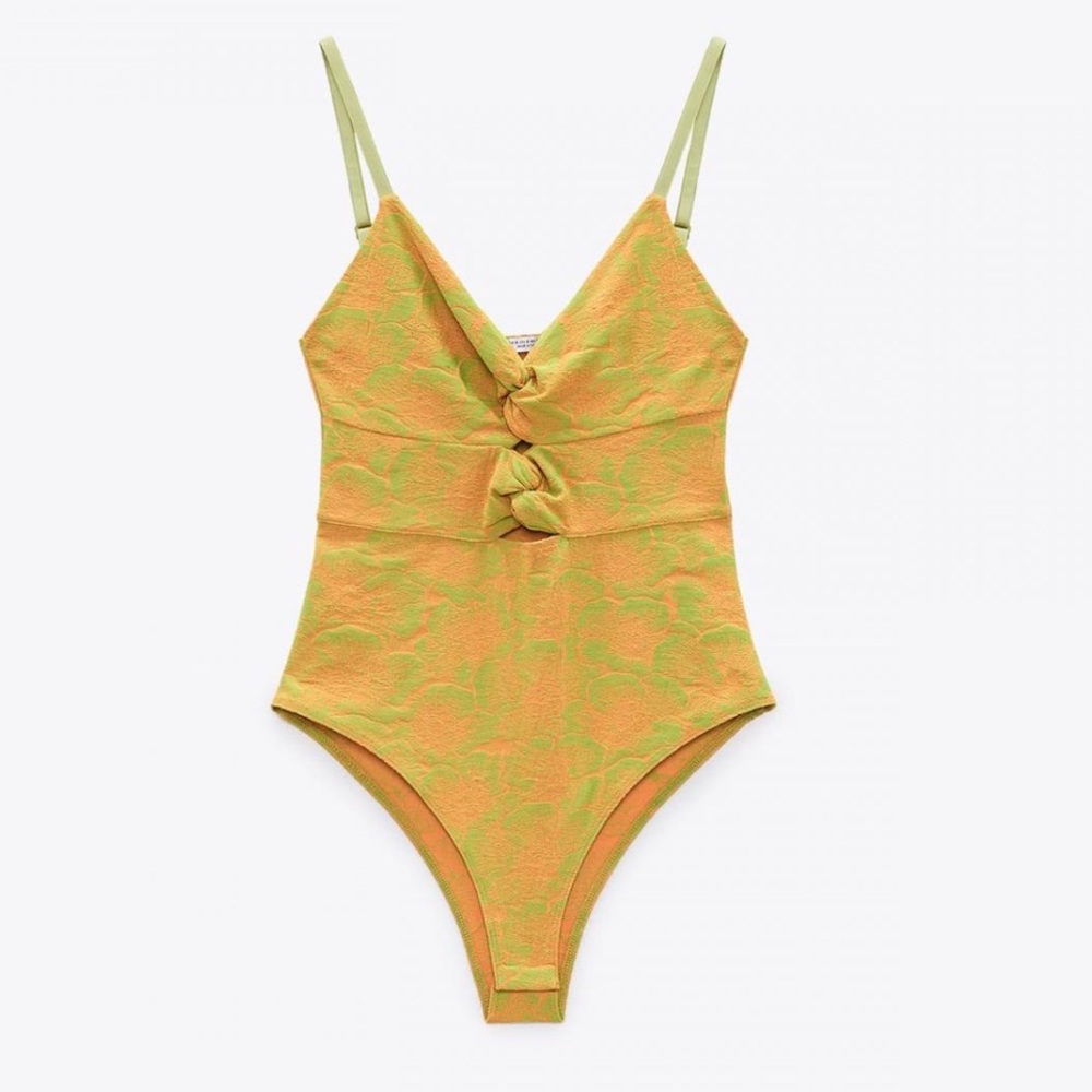 Zara CUT-OUT JACQUARD BODYSUIT Orange-Green XS